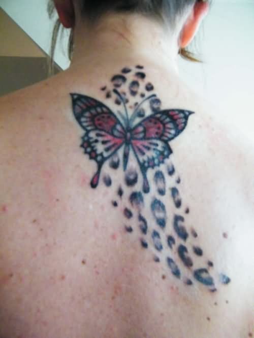 Butterfly And Cheetah Print Tattoo On Girl Back