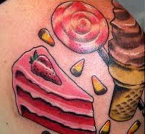 Cake Piece With Candy And Softy Tattoo Design