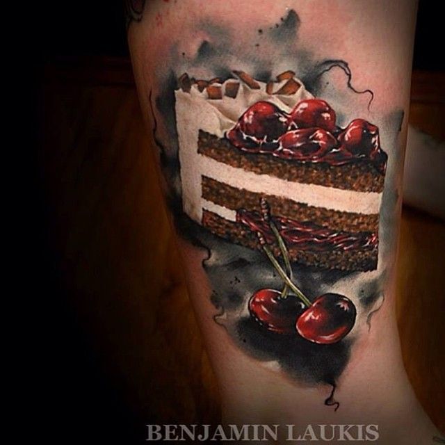 Cake Piece With Cherry Tattoo Design By Benjamin Laukis