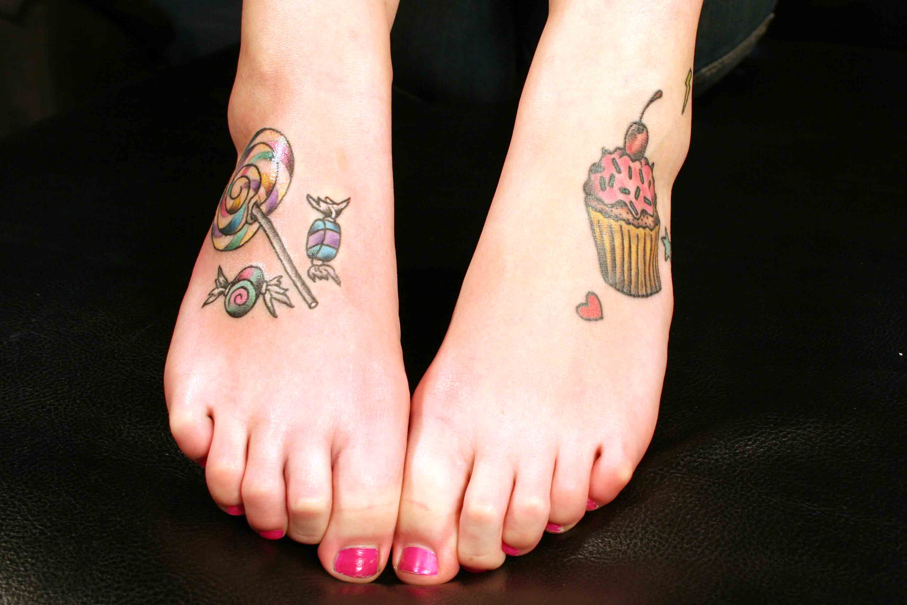 Candies And Cupcake Tattoo On Girl Feet