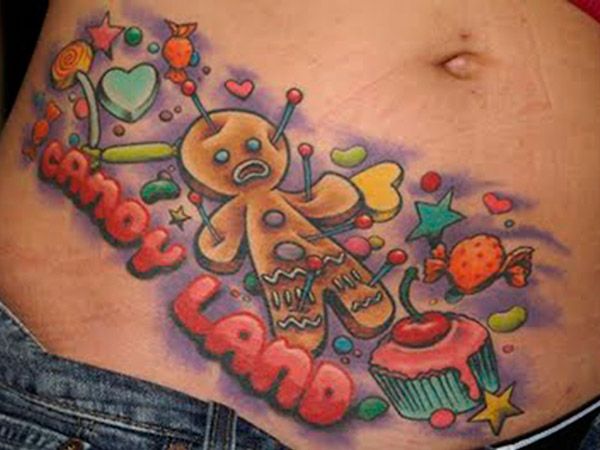 Candy Land - Gingerbread With Cupcake Tattoo Design For Waist