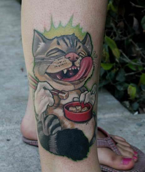 Cat Eating Tofu Tattoo On Girl Right Leg