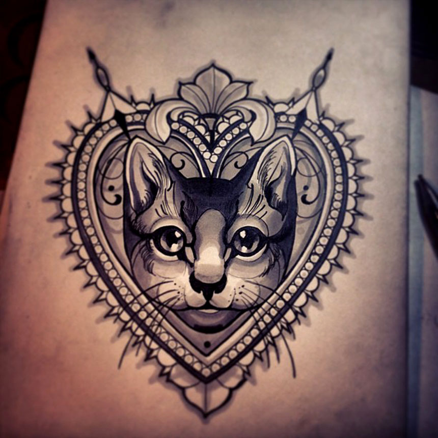 Cat Head In Heart Tattoo Design Sample