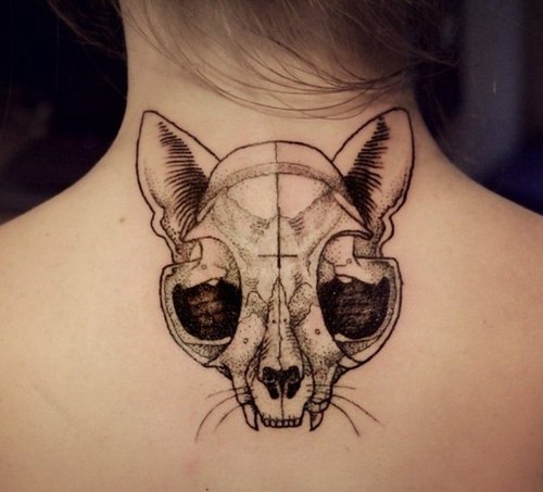 Cat Skull Tattoo On Upper Back For Girls