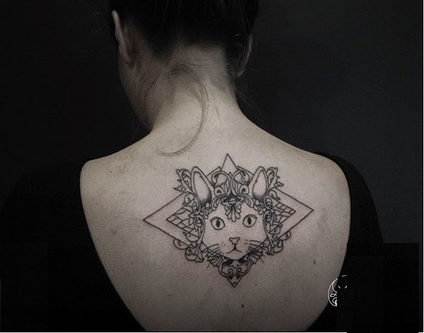 Cat Tattoo On Girl Upper Back