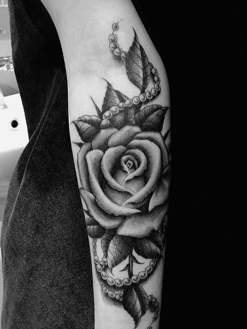 Chain And Rose Black And White Tattoo On Arm Sleeve