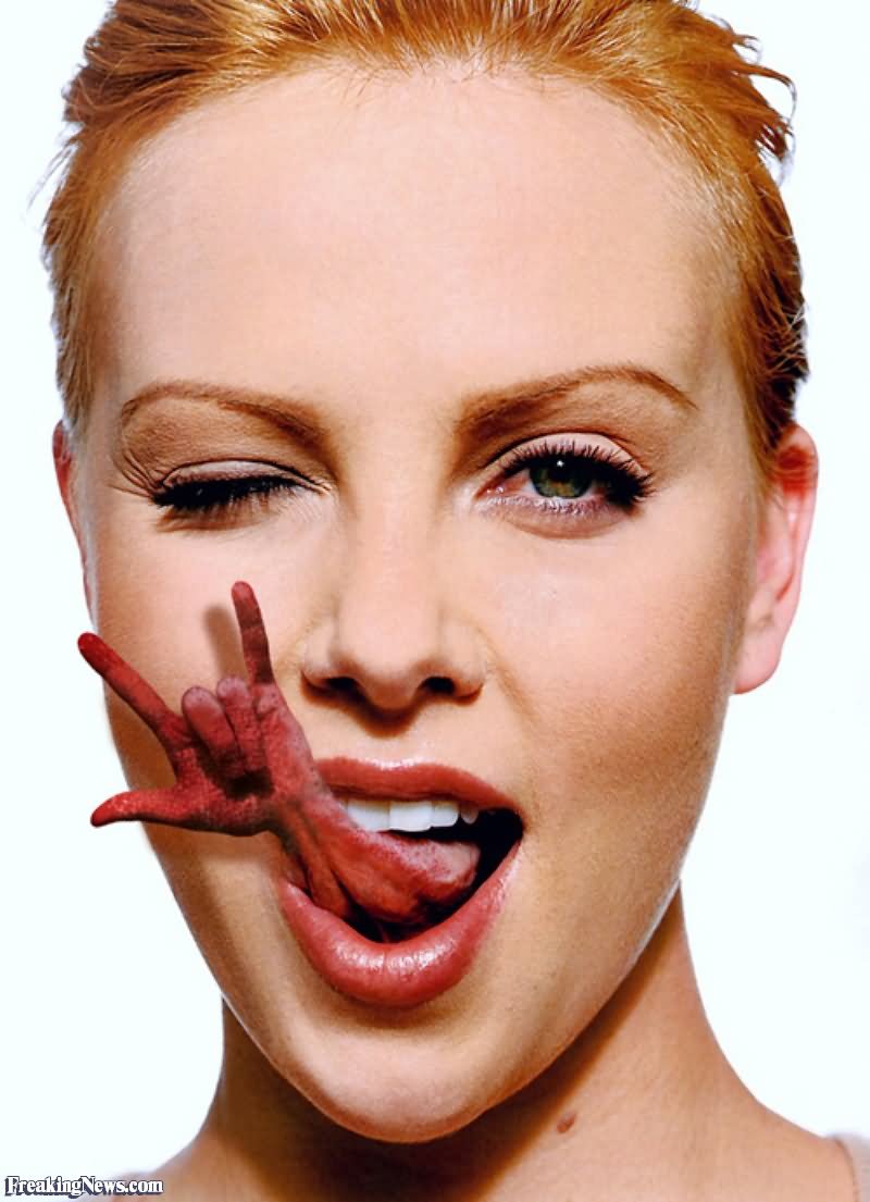 Charlize Theron With Funny Animated Tongue Hand