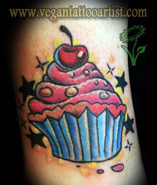 Cherry Cupcake With Black Stars Tattoo Design