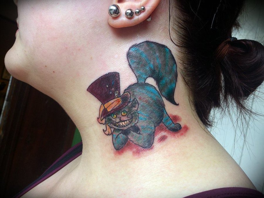 Cheshire Cat With Hat Tattoo On Side Neck