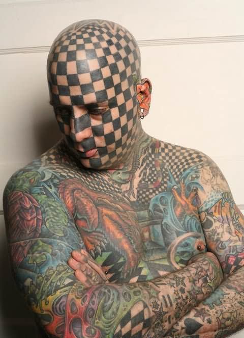 Chess Tattoo On Man Face And Colorful Full Body Tattoos