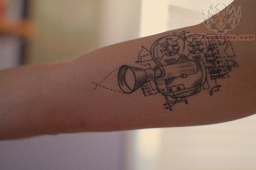 Classic Movie Camera Tattoo On Forearm