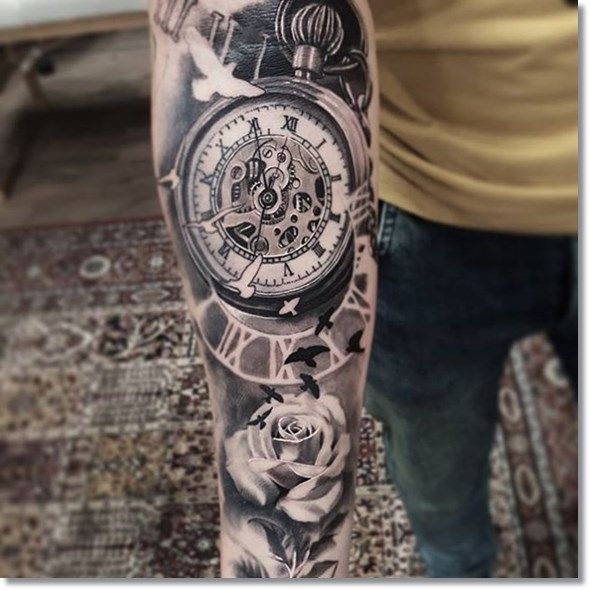 Classic Pocket Watch With Rose And Flying Birds Tattoo On Arm