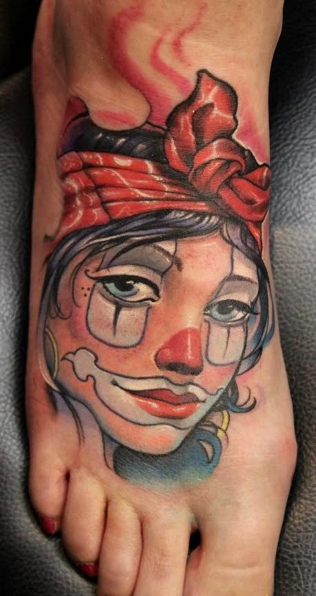 Clown Girl Head Tattoo On Girl Foot