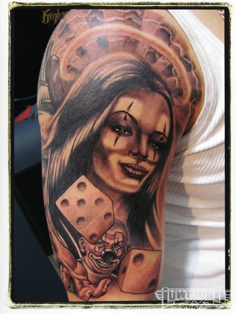 Clown Girl With Dice Tattoo On Man Right Half Sleeve