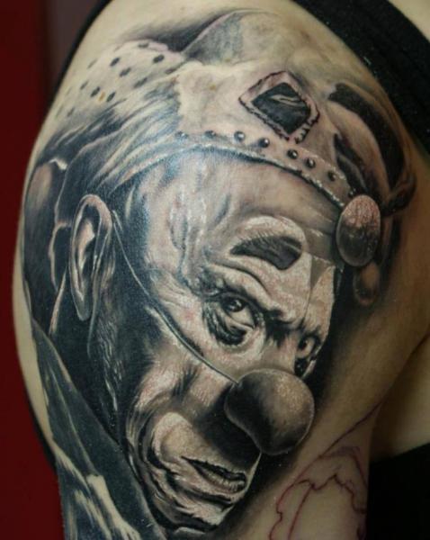 Clown Head Tattoo On Shoulder By Eddy