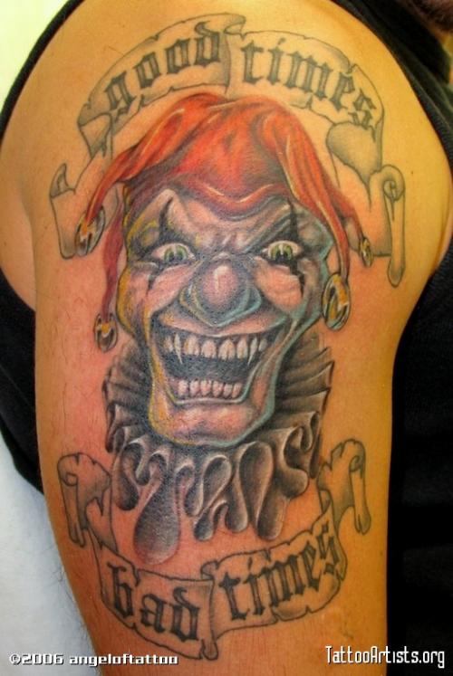 Clown Head With Banner Tattoo Design For Shoulder