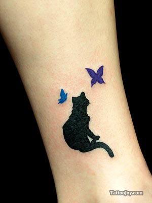 Color Butterflies And Black Cat Tattoo On Ankle