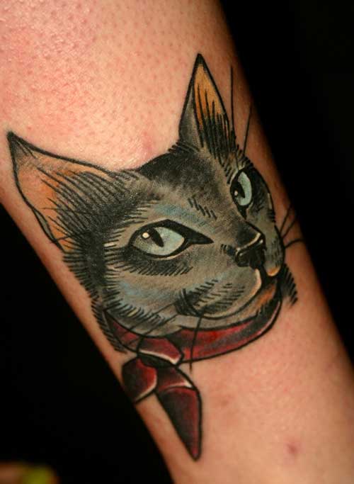 Color Cat Head Tattoo On Arm