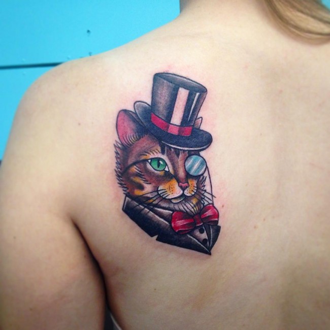 Color Cat Head Tattoo On Left Back Shoulder