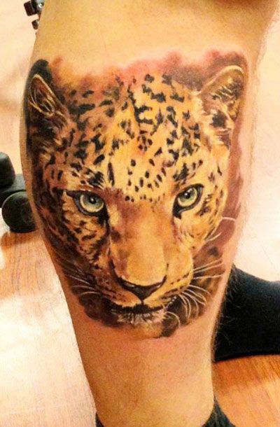 Color Cheetah Head Tattoo On Leg