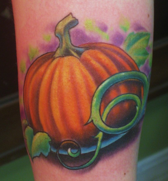 Color Ink Pumpkin Tattoo On Leg