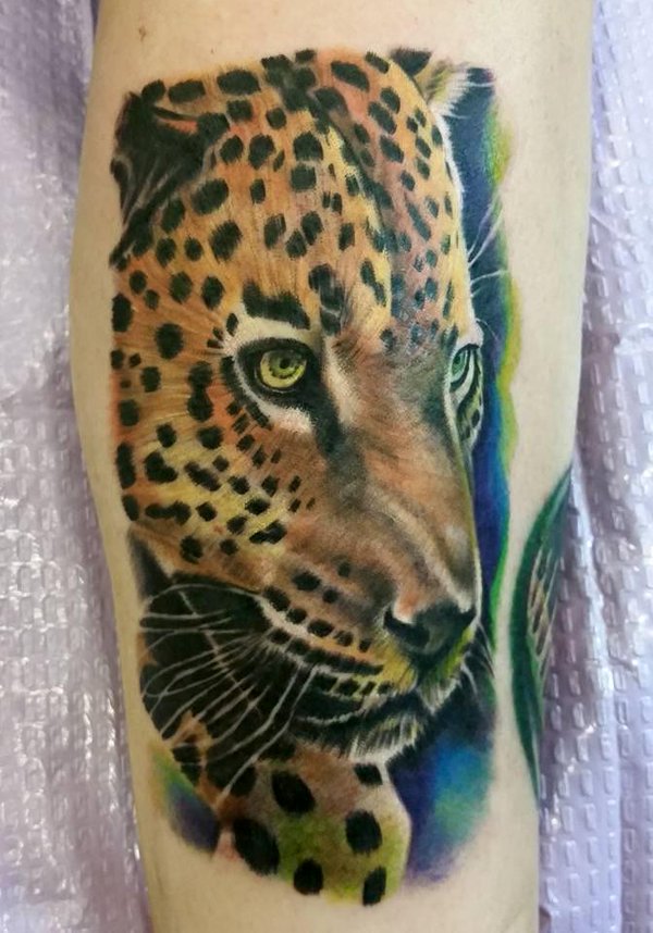 Colored Cheetah Tattoo On Full Sleeve