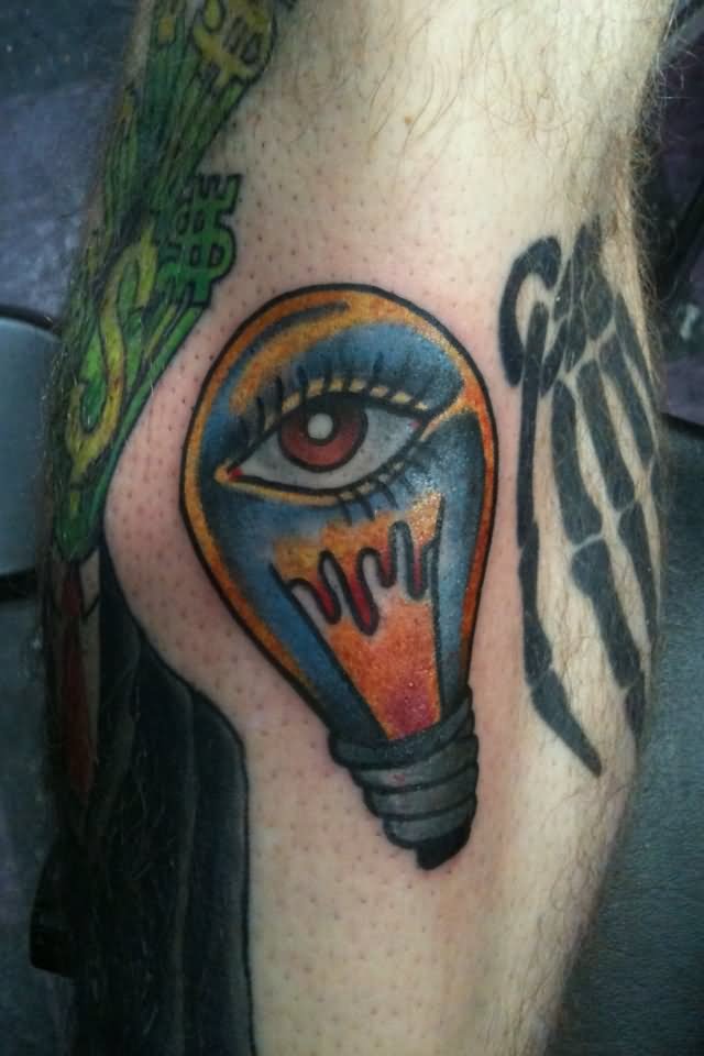 Colored Eye In Bulb Tattoo On Back Leg