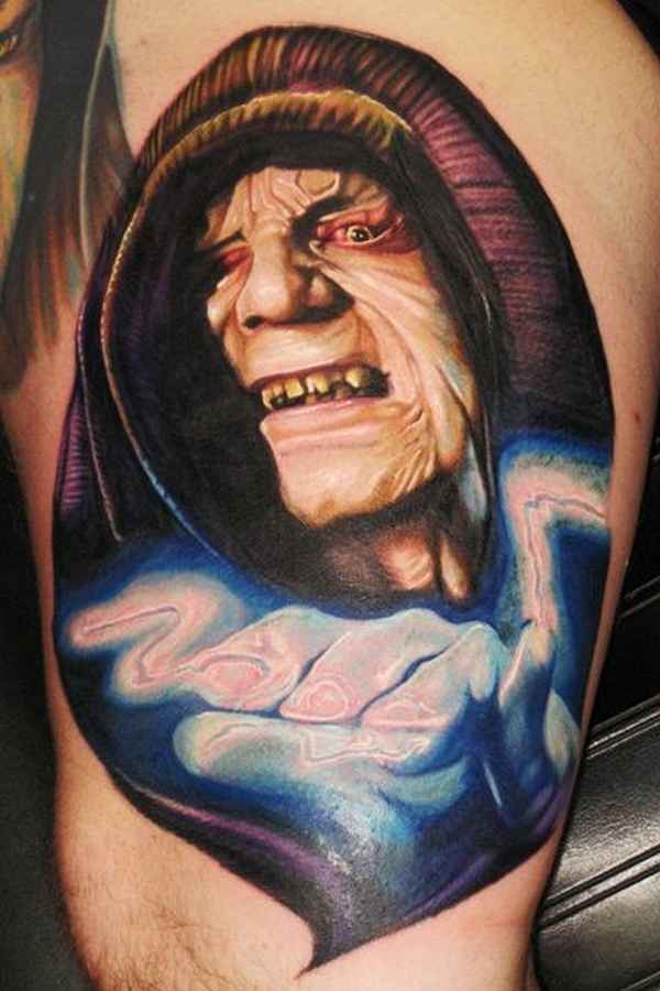 Colorful 3D Star War Emperor Palpatine Tattoo Design For Thigh