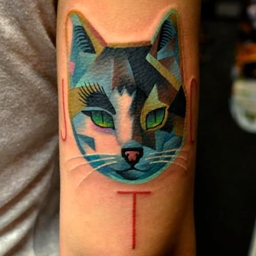 Colorful Blue Cat Head Tattoo On Bicep