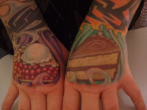 Colorful Cake Piece Tattoo On Both Hand