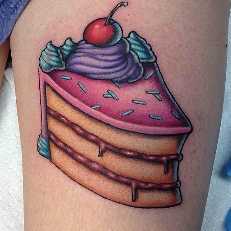 Colorful Cake Piece Tattoo On Thigh
