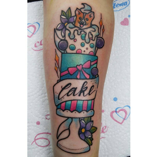 Colorful Cake With Banner Tattoo Design For leg