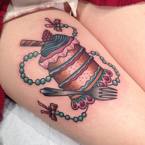 Colorful Cake With Fork Tattoo On Thigh