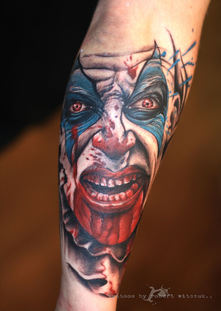 Colorful Clown Head Tattoo Design For Forearm By Robert Witczuk