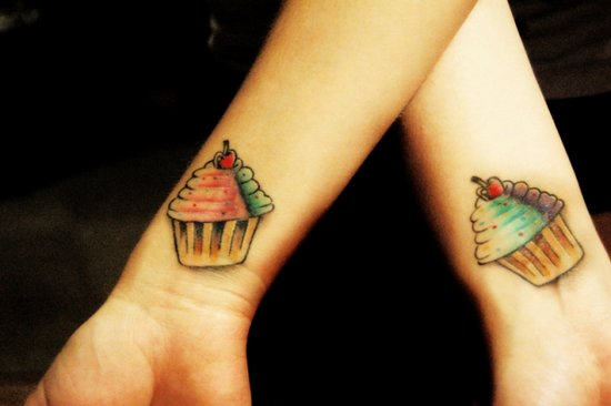 Colorful Cupcake Tattoo On Couple Wrist