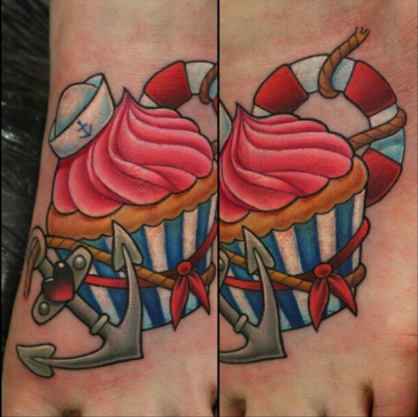 Colorful Cupcake With Anchor Tattoo On Foot