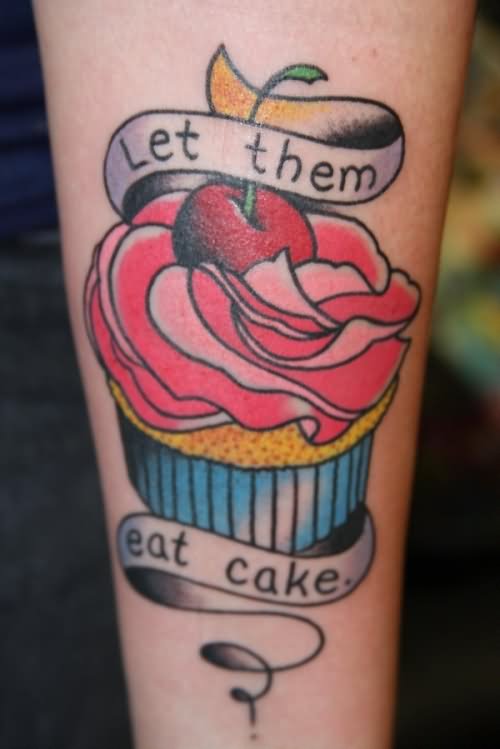 Colorful Cupcake With Banner Tattoo Design For Forearm