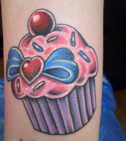 Colorful Cupcake With Bow Tattoo Design