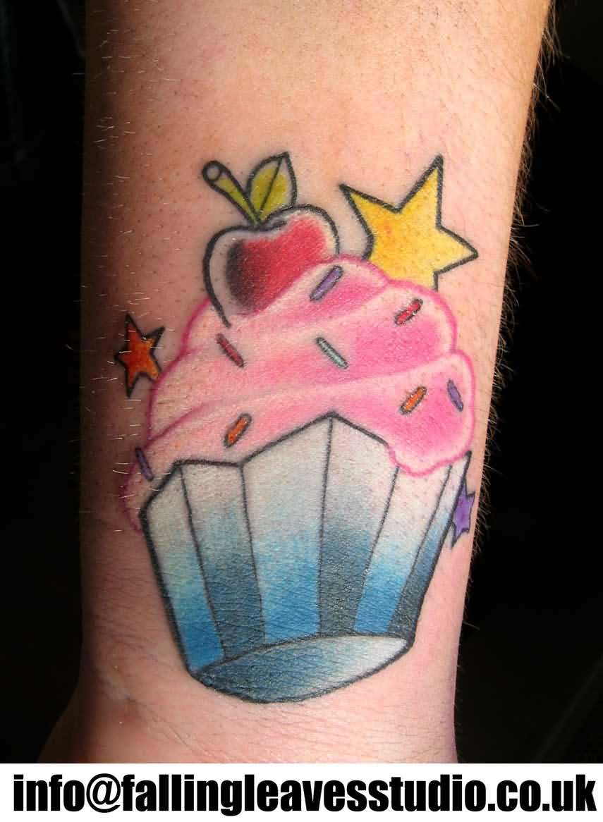 Colorful Cupcake With Stars Tattoo Design