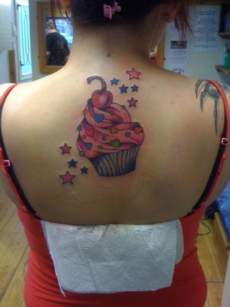 Colorful Cupcake With Stars Tattoo On Girl Upper Back