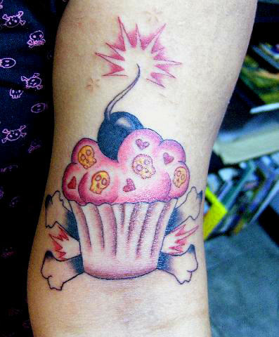 Colorful Danger Skull Cupcake Tattoo Design For Half Sleeve
