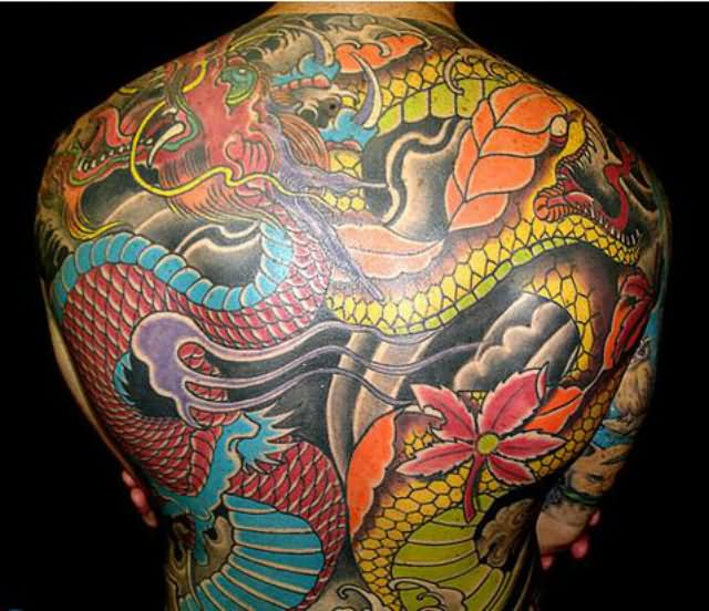 Colorful Dragon Tattoos On Man Full Back Body