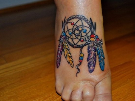 Colorful Dream Catcher Tattoo On Foot