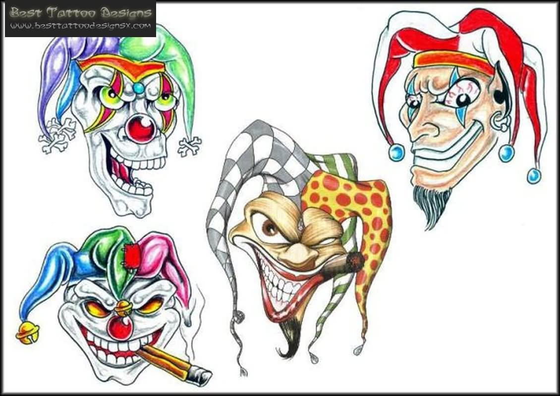 Colorful Four Clown Head Tattoo Design