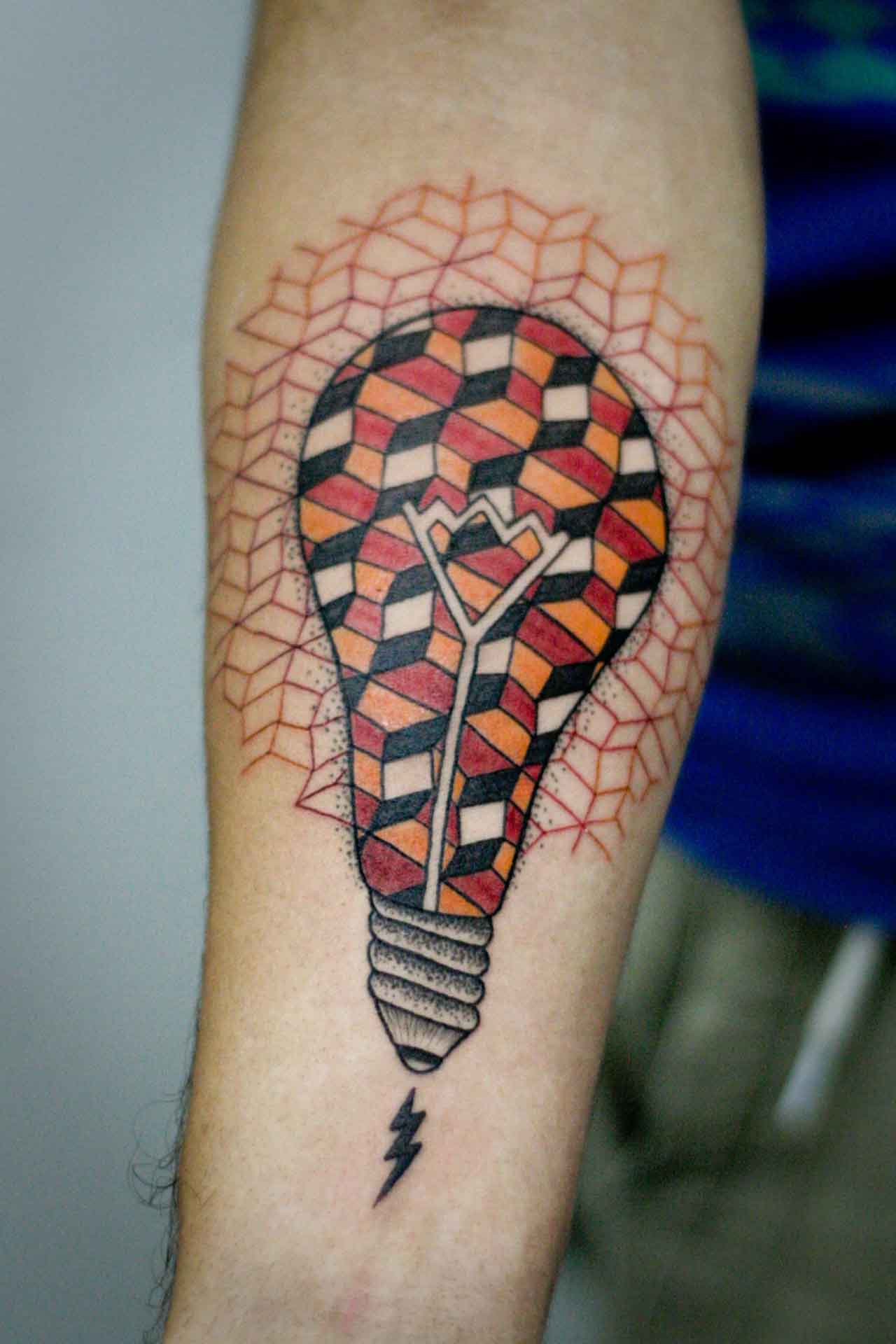 Colorful Geometric Light Bulb Tattoo On Right Forearm