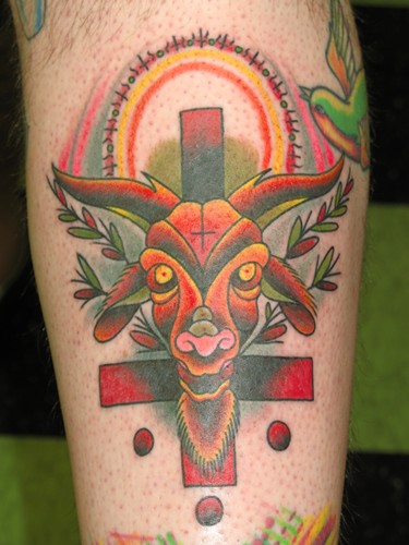 Colorful Goat Head With Cross Tattoo Design For Leg