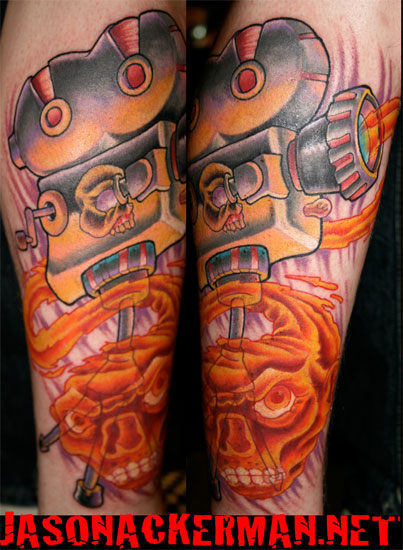 Colorful Movie Camera With Skull Tattoo Design For Arm