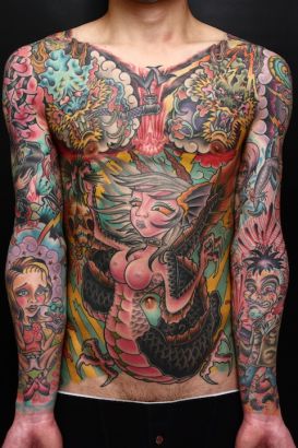 Colorful New School Japanese Tattoo On Full Body