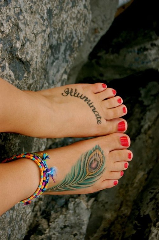 Colorful Peacock Feather Tattoo On Girl Foot