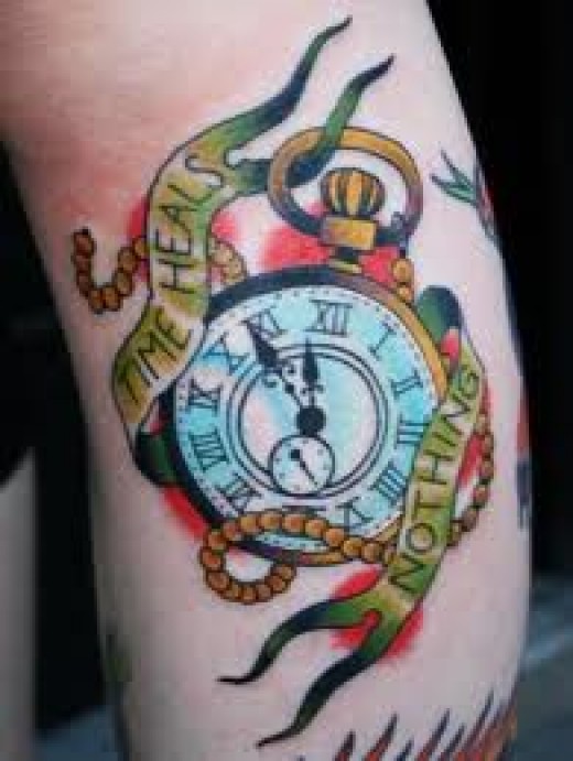 Colorful Pocket Watch With Banner Tattoo Design